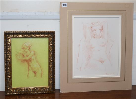 Peter Wardle, two sanguine chalk drawings, Nude studies, largest 35 x 27cm